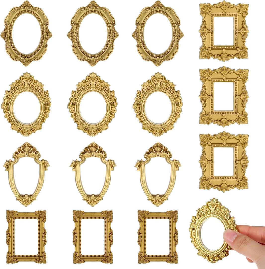 15pcs Vintage Mini Picture Frames Baroque Small Gold Frames, Tiny Picture Frames Little Antique Frames, Oval Rectangle Wall Hanging for DIY Photo Holiday Party Wedding Decoration Christmas