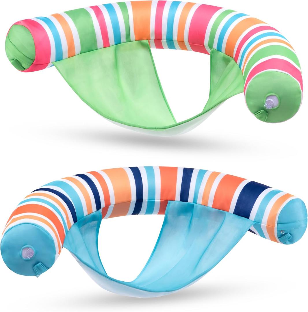 Sloosh Inflatable Pool Floats Chairs Adults, 2 Packs Floating Noodle Chair with Stripes Design Soft Fabric Covered with Sling for Swimming Pool Water Chair Pool Lounger Party Floaties (BlueGreen)