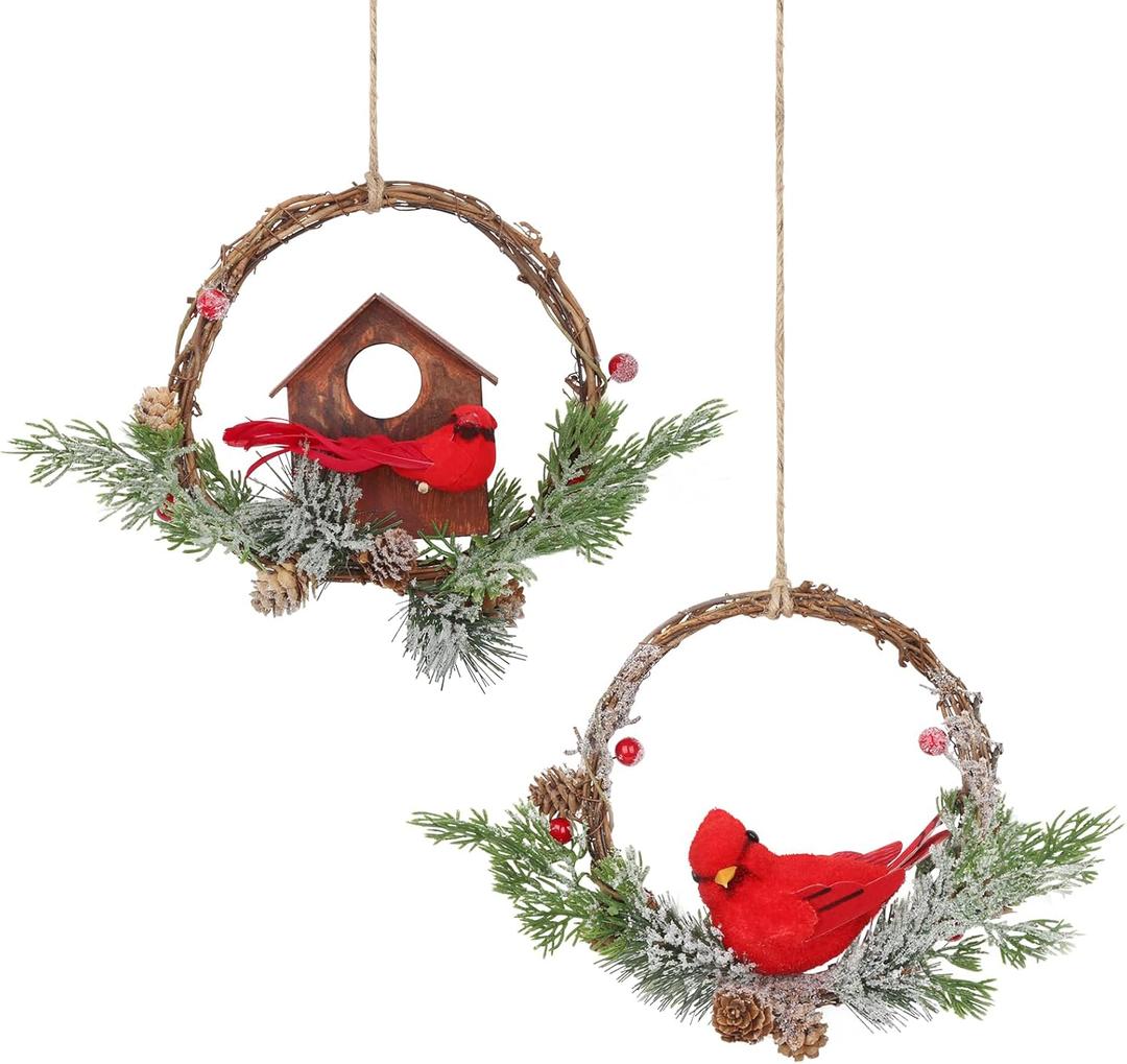 2Pcs Small Christmas Wreath with Cardinal, 9-inch Mini Wreaths for Cabinets, Cabinet Wreaths for Kitchen Christmas, Wreaths for Windows 