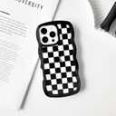 NITITOP Compatible with iPhone 16 Pro Case Cute Clear Curly Wavy Frame Shape Aesthetic Checkerboard Checkered Pattern for Women Girls Shockproof Soft TPU 2 in 1 Protective Phone Cover - Black