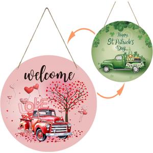 4 x Valentines Day Decorations St Patricks Day Decorations Reversible Valentines Wreath Truck Door Decor Hanging Wall Welcome Sign Wooden Front Door Hanger Wreath for Porch Wall Indoor Home Decor