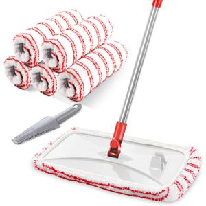 MASTERTOP Microfiber Mop, Extra Large Dust Mop with 5 Pads for Wet & Dry Use, 16'' Mops for Hardwood Laminate, Tile, Vinyl Floors,5 Microfiber Refills, 1 Cleaning Scraper (15.7"*7.8", Red)