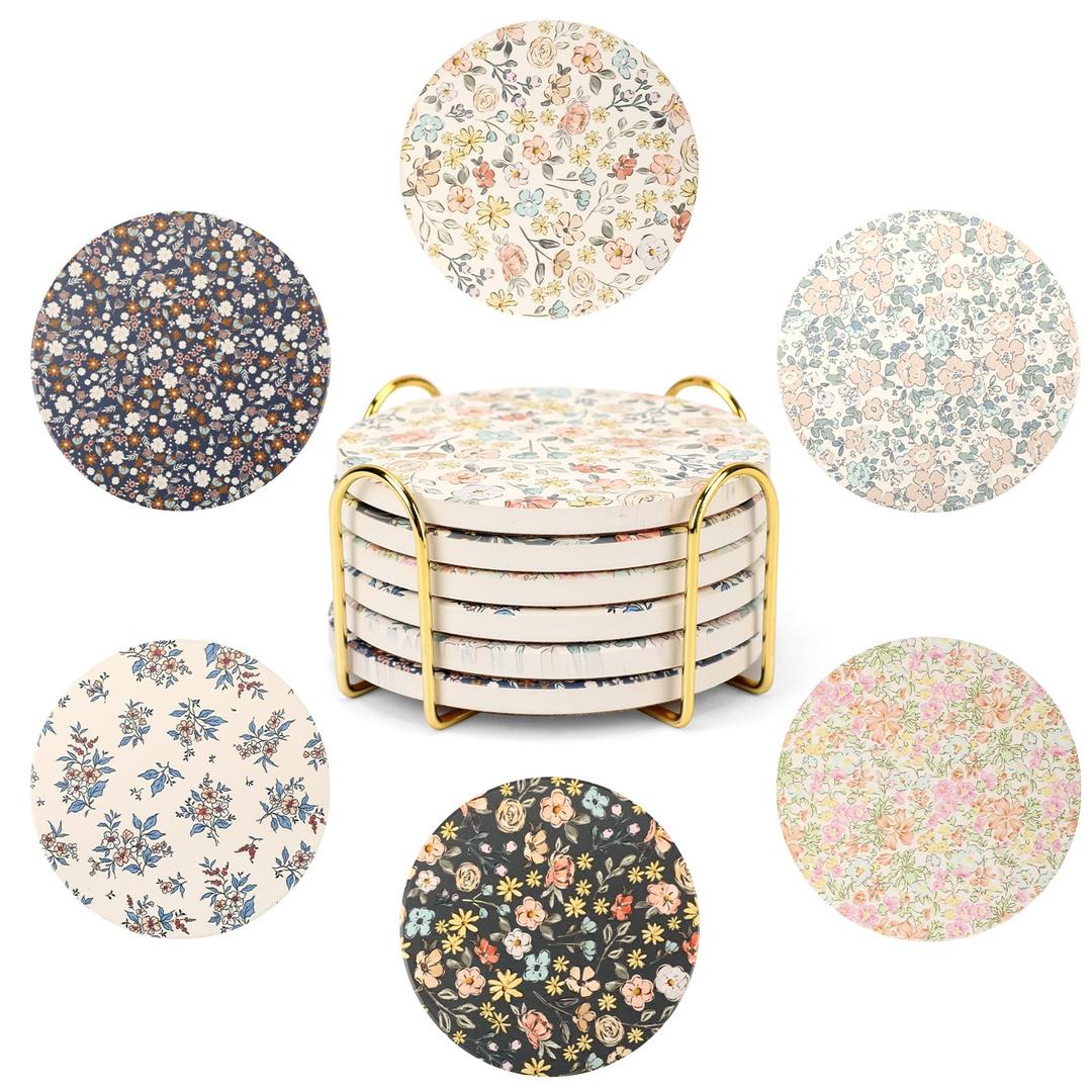 Coasters for Drinks Set of 6 with Holder, Absorbent Ceramic Stone, Spring Floral Coffee Table Décor, Decorative Cup Coasters for Kitchen, Living Room, Farmhouse & Garden, Tea Table Accessories