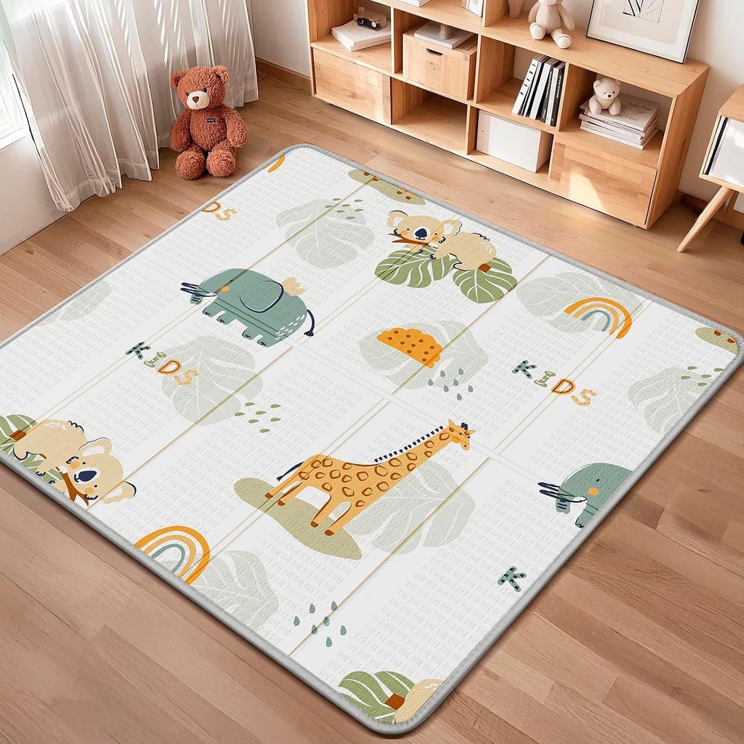 Foldable Baby Play Mat, PIGLOG 50x50 Playpen Mat, Waterproof Playmats for Babies and Toddlers Kids, Safe Foam Playmat for Tummy Time, Reversible Portable Baby Floor Mat for Infant, Giraffe + Elephant