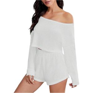SweatyRocks Women's Off The Shoulder Waffle Knit Pajama Sets Crop Top and Shorts Lounge Set White Large (White, L)