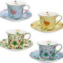 ACMLIFE Bone China Tea Cups and Saucers Set of 4, Floral Tea Cup Set for Tea Party, 8.8 oz, with Gold Trim and Gift Box