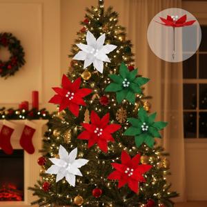 Janinka 36pcs 11" Large Velvet Christmas Poinsettia Flowers Clips on Velvet Floral Picks Artificial Poinsettia with 6" Stem for Xmas Tree, Wreath DIY, Mantel, Holiday Decoration Set(Red Green White)