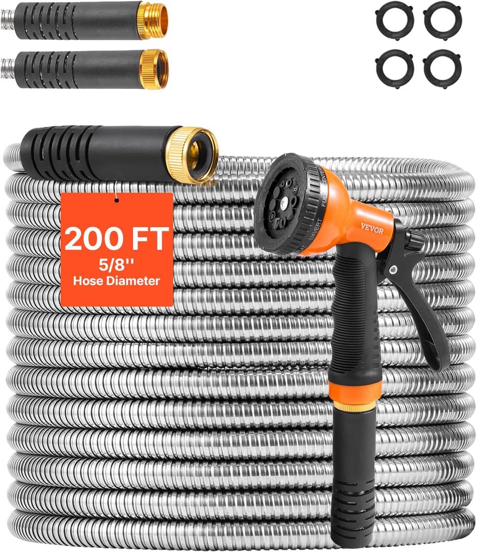 VEVOR Metal Garden Hose 200 ft, Heavy Duty Stainless Steel Water Hose with 10-Function Nozzle, No-Kink & Flexible Outdoor Garden Hose, Rust-Proof Lightweight Hose for Yard, RV, Car Wash