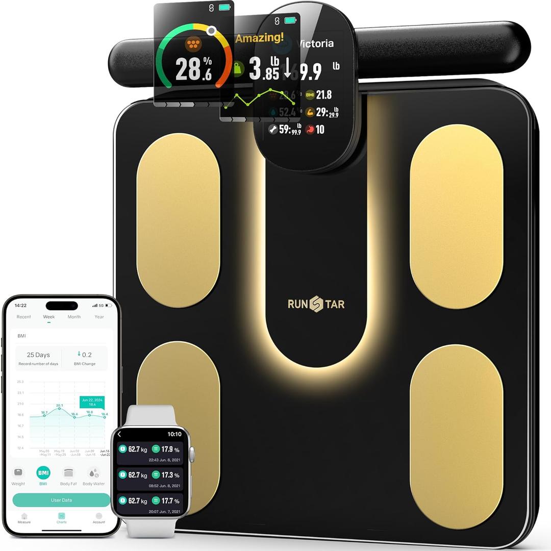 Runstar Smart Scale FSA&HSA Eligible, 8 Electrodes Digital Bathroom Scale for Body Weight and Fat, BMI, Muscle Mass 28 Body Composition Measurement, with Full-Color TFT LCD on Retractable Handle (Black Gold)