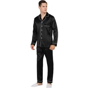 YIMANIE Mens Satin Pajamas Set Classic Short Sleeved and Long Pants Sleepwear Loungewear (XX-Large, Black-long Sleeved Pants)