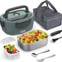 WisaKey Green Electric Lunch Box Food Heater 80W Heated LunchBox for Adults, 12V 24V 110V 220V Lunch Warmer Portable for Work Car Truck Jobsite Work with 304 Stainless Steel Container Christmas Gift