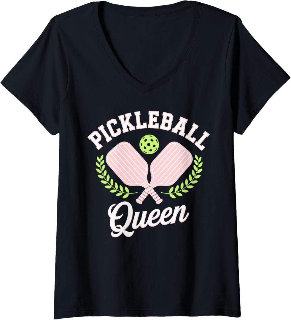 Women's Pickleball Queen Funny Pickleball Player V-Neck T-Shirt