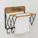 Accordion Laundry Rack, Retractable Wall Mounted Racks, 3 Bars & 5 Hooks for Drying Rack Hanging Towels Clothes Save Space Perfect for Laundry Room, Bathroom, Mudroom, Wall Decor, 20 x 20 x 13.75 inches