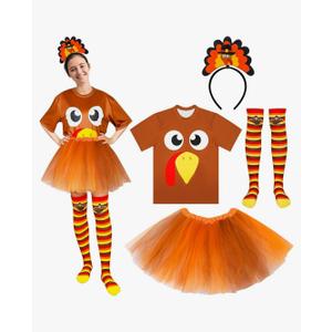 QZYL Turkey Costume Set, Turkey Trot Shirt Tutu Dress Headbands High Socks, Thanksgiving Turkey Trot Cosplay for Adults L