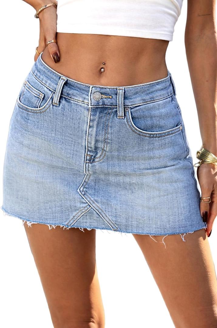 ELLEVEN Denim Mini Skirt Low Rise with Shorts, Raw Hem High Stretch Y2k Casual Jean Skort with Pockets, S
