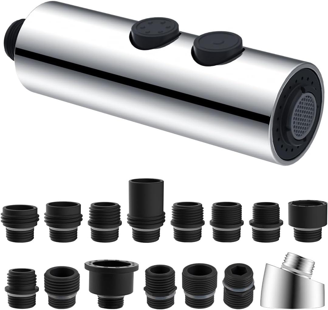 Hibbent Metal Pull Down Kitchen Faucet Head Replacement with 15 Adapters, Sink Spray Head, 2 Function Spray Nozzle Compatible with Moen, American Standard, Delta, Kohler Faucets, Chrome (Silver)