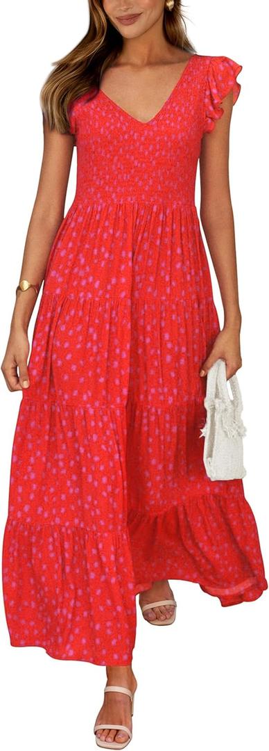 PRETTYGARDEN Women's Summer Flowy Maxi Dress Casual Cap Sleeve V Neck Smocked Beach Sundress (XX-Large, Print Red)