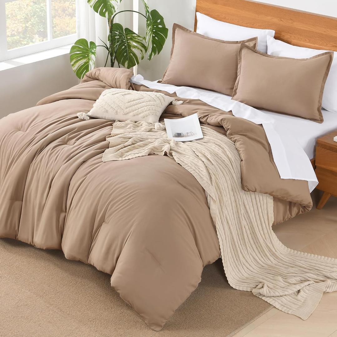 Andency Taupe California King Comforter Set - 7 Pieces Khaki Tan Bed in a Bag Cal King Bedding Comforter Sets, Summer Solid Soft Lightweight Comforter with Sheets, Pillowcases & Shams