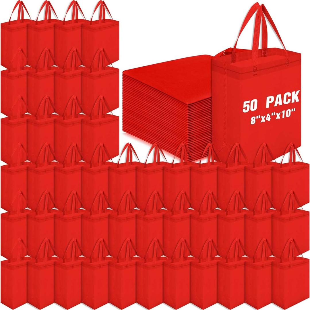 Windyun 50 Pcs Reusable Tote Bag Bulk 8 x 4 x 10 Inch Non Woven Shopping Bag with Handle Christmas Reusable Grocery Gift Tote (Red)