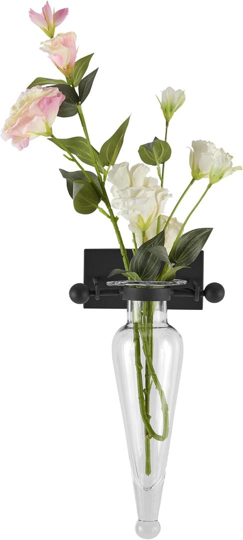 Danya B Decorative Wall Mount Amphora Glass Flower Vase on Iron Sconce with Finials Clear Glass, Vase Wall Dcor for Indoor or Outdoor Patio and Garden Decor