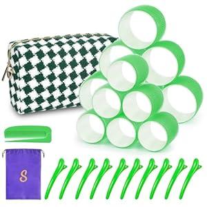 Hair Roller Set 12 pcs Heatless Self Grip Rollers With Clips and Comb, Salon Curlers for DIY Styles, 2 Green Sizes in 1 Set by Sungenol