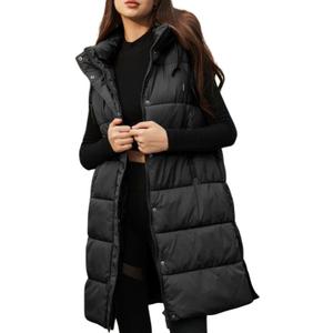 PUWEI Long Puffer Vest Women Quilted Hooded Vest Padded Sleeveless Coat Jackets With Pockets (Large, Black)