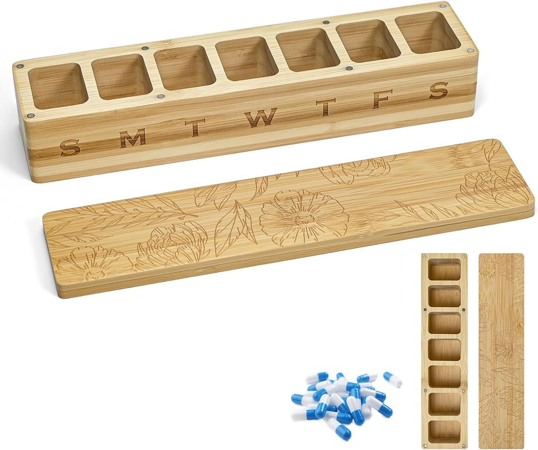 Wood Weekly Pill Organizer, 7 Day Bamboo Tablet Box Vitamin Dispenser, Portable Aesthetic Magnetic Pill Case Container Box for Vitamins Fish Oil Pills or Supplements​ Daily Travel