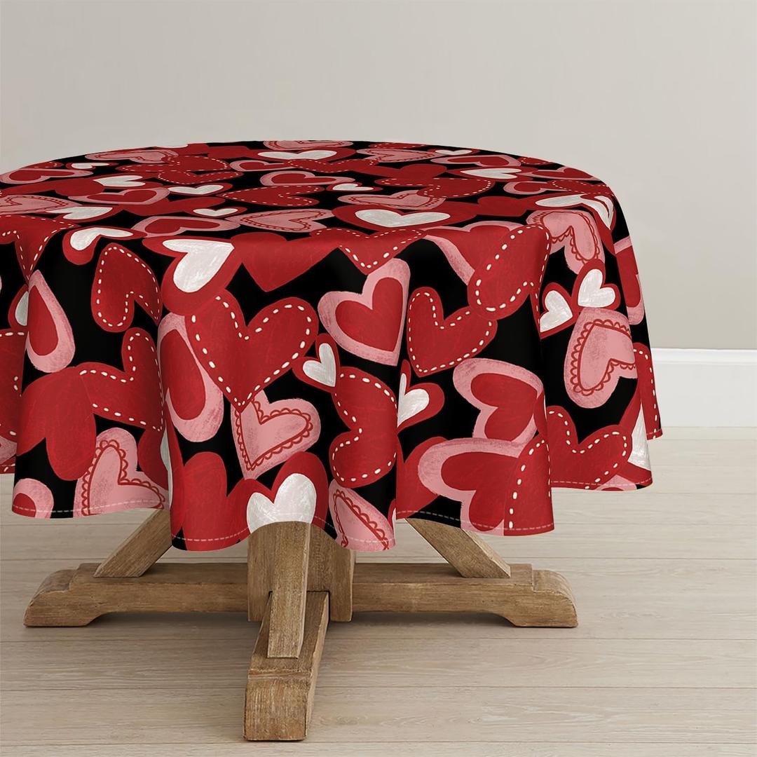 Horaldaily Valentine Tablecloth 60×60 Inch Round, Red Love Hearts Black Washable Table Cover for Party Picnic Dinner Decor