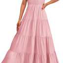 PRETTYGARDEN Women's Summer Flowy Maxi Dress Casual Cap Sleeve V Neck Smocked Beach Sundress,Small