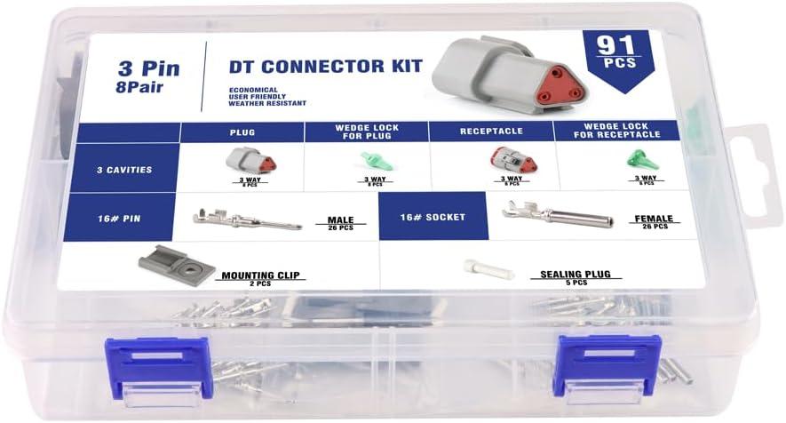 Deutsch 3 Pin DT Connector 8 Set,Size 16 Stamped Contacts, 18-14 AWG Waterproof Automotive Boats Connectors