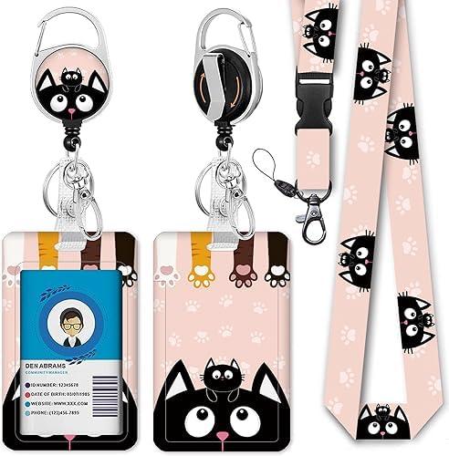 Cute Cat Lanyards for ID Badges, Badge Reel Retractable Badge Holder with Lanyard for Teacher, Women, Kids, Set of 2