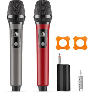 Wireless Microphones, Professional Dual Karaoke Microphones, Wireless Dynamic Microphone System Set with Rechargeable Receiver for Home Party, Speech, Wedding, Church, PA System (red)