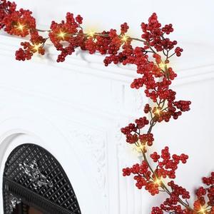 Syhood 2 Pcs Valentines Garland with Lights 12 ft Artificial Red Garland Lighted Two-Tone Valentines Berry Vine Strings Battery Operated for Valentine's Day Decors Wedding Indoor Home Table Mantle