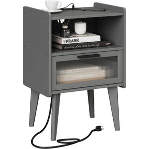 MMEOLUOOK Nightstand with Charging Station, Bedside Tables Grey End Table Side Table with 2 Tiers Storage Space, for Bedroom Living Room CAMLBZ07ZE