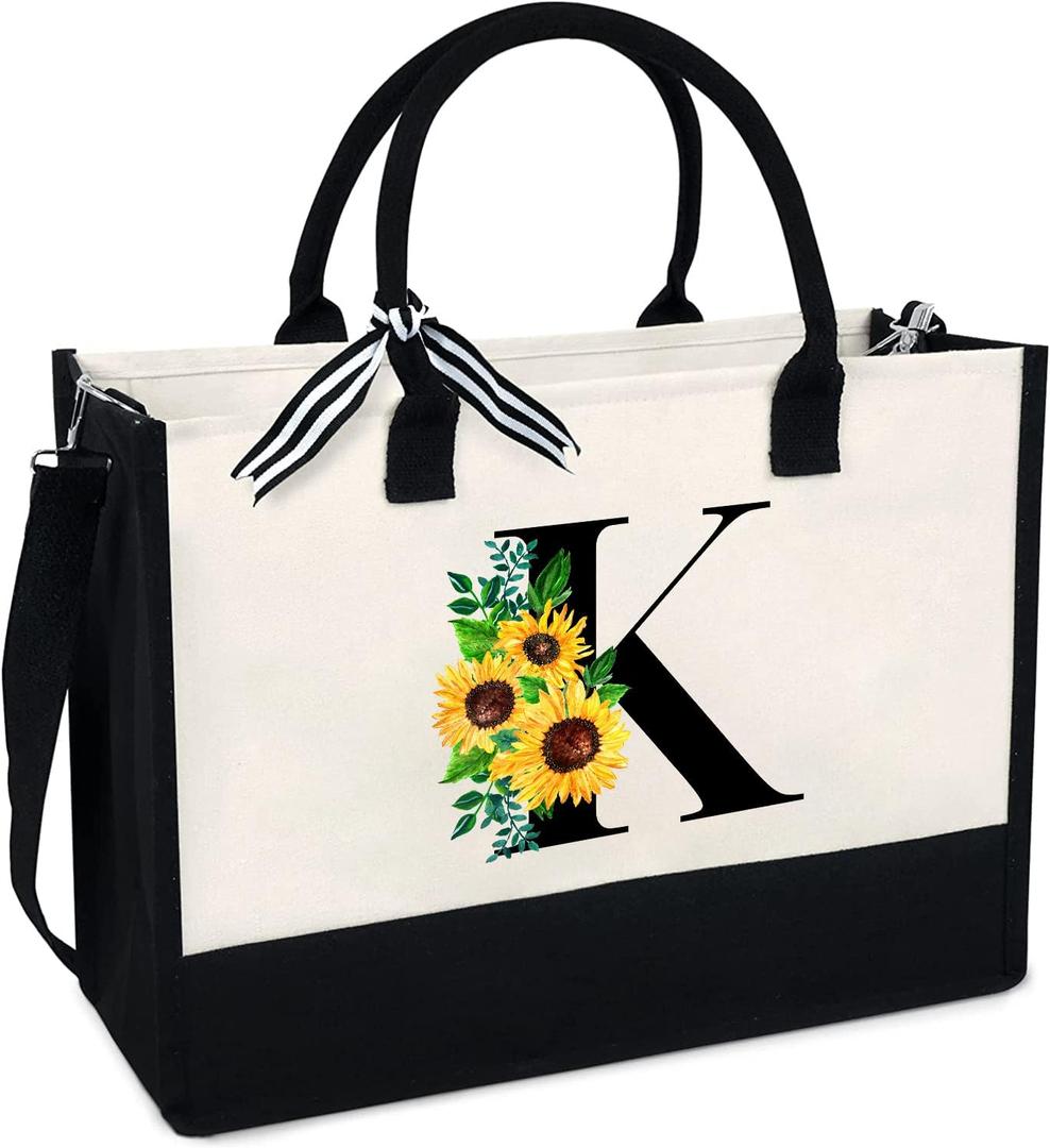Sunflower Tote with Zipper Pocket, 13oz Monogram Tote Bags for Women, Birthday, Christmas, Teacher Gifts