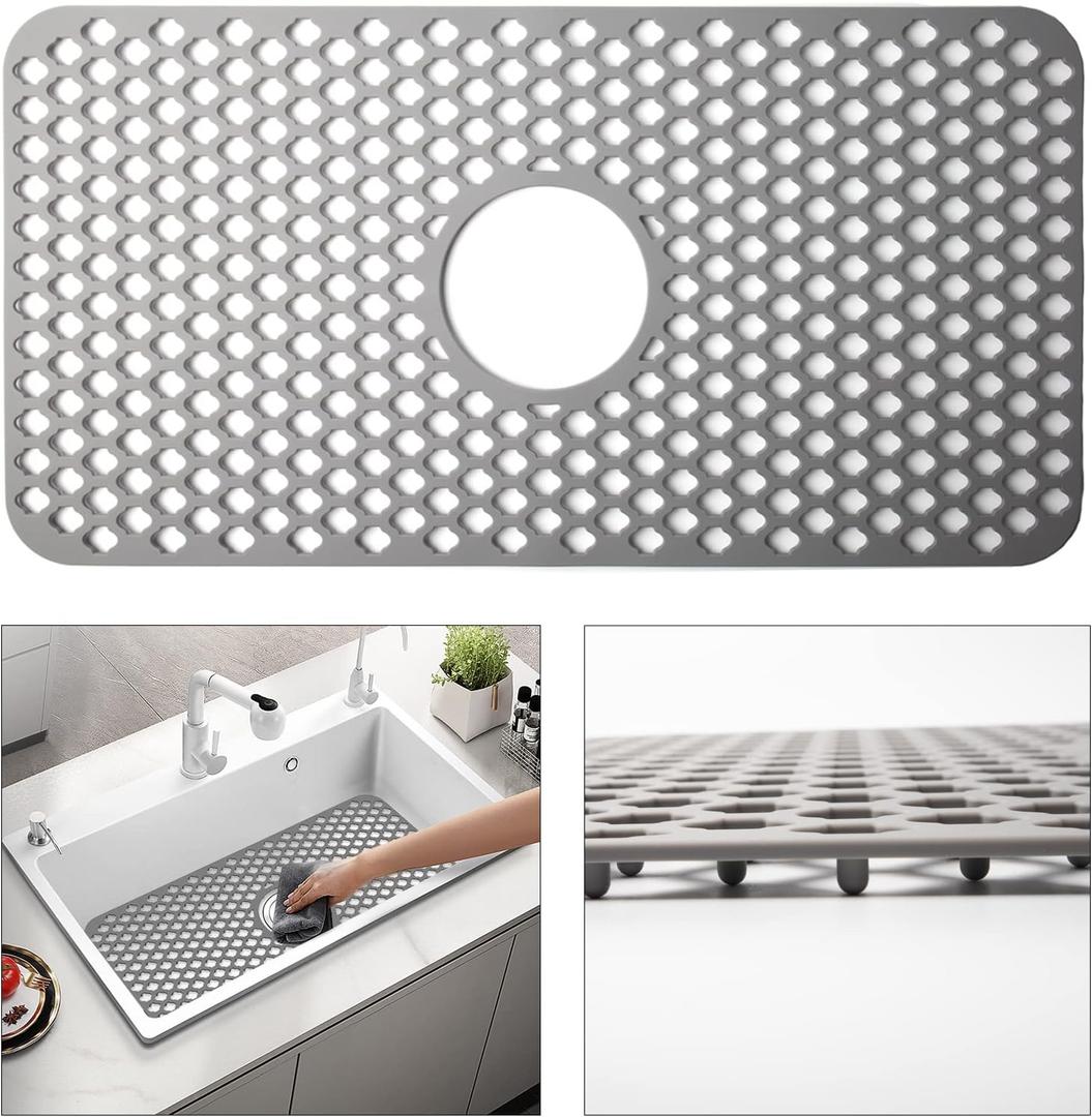 TwinnekYR Silicone Sink Mat, 24.6''x 12.9'' Kitchen Sink Protector Grid for Bottom of Center Drain Sink, Gray Non-slip Heat Resistant Liner for Farmhouse Stainless Steel Porcelain Sink