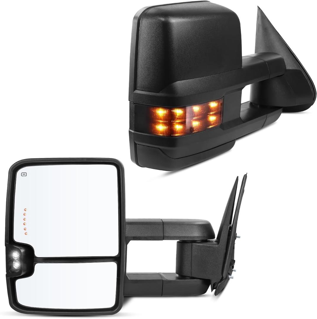 Drive & Paasenger Towing Mirrors - Compatible with 2003-2006 Chevy Silverado GMC Sierra - Power Adjustable Heated Arrow Signal Back Up Lamp Running Light - Black Texture