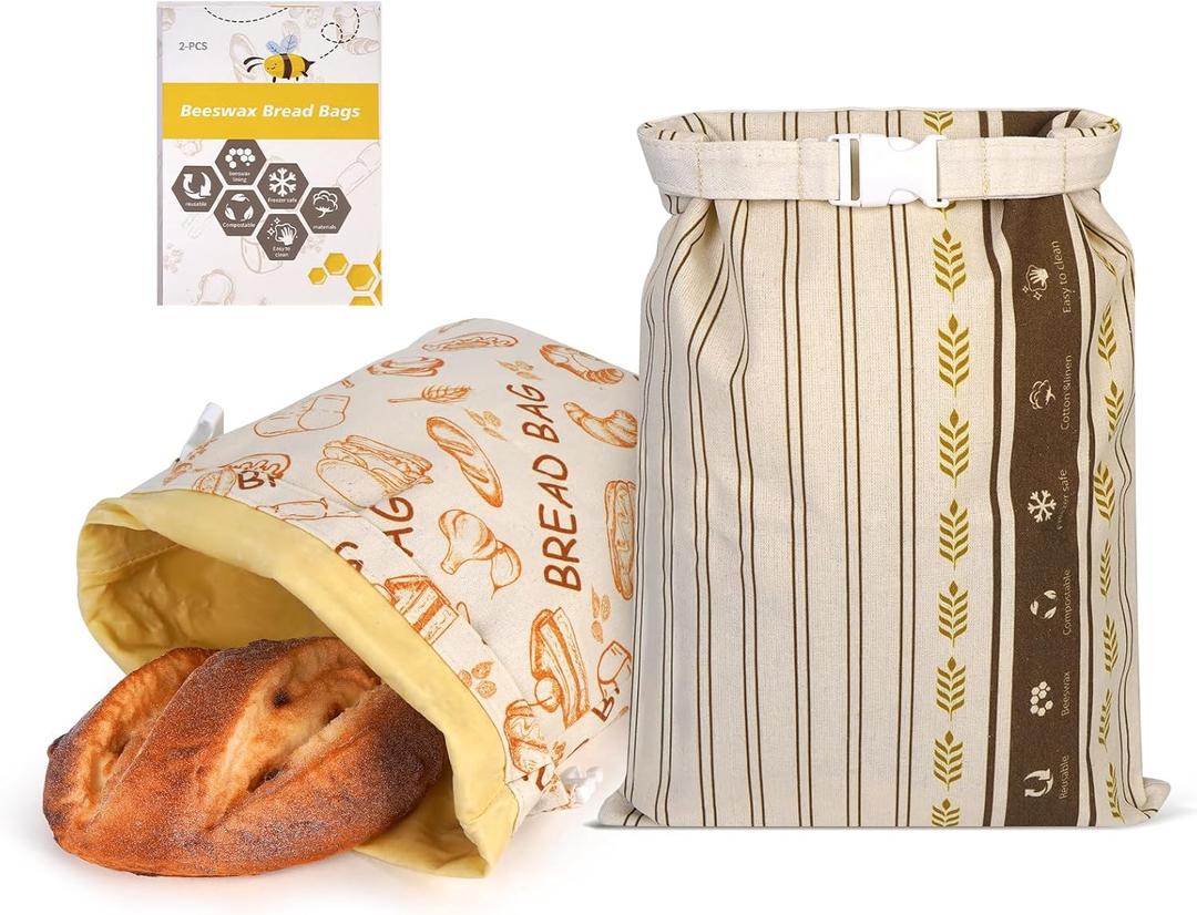 2 Pack Beeswax Bread Bags - Large Reusable Cotton Linen Food Storage Covers for Sourdough & Homemade Bread, Waxed Bags Keep Bread Fresh, Proofing Bag Freezer-Safe, Easy Clean (Brown)