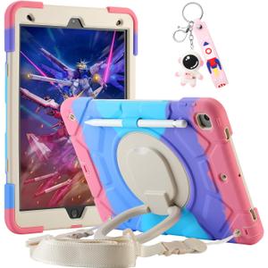 for iPad 9th/8th/7th Generation Case 10.2", Heavy Sturdy Shockproof Kids Cover, with Rotating Stand/Pencil Holder/Shoulder Strap for iPad 10.2 Case 2021/2020/2019 Girls (Rainbow Pink)