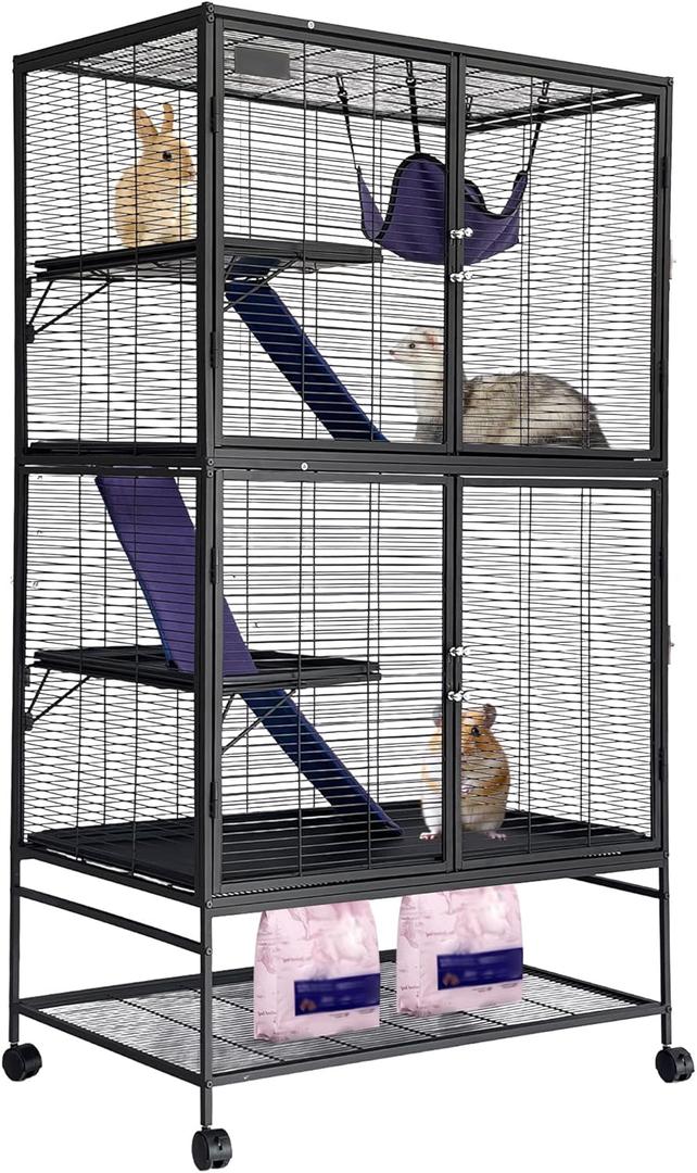 Garvee Metal Small Animal Cage,64 in H Ferret Cage for Small Animals - 4 Tier Large Hamster Cage with Removable Ramp, Hammock, Extra Storage Stand,Removable Tray for Ferret, Chinchilla, Hamster
