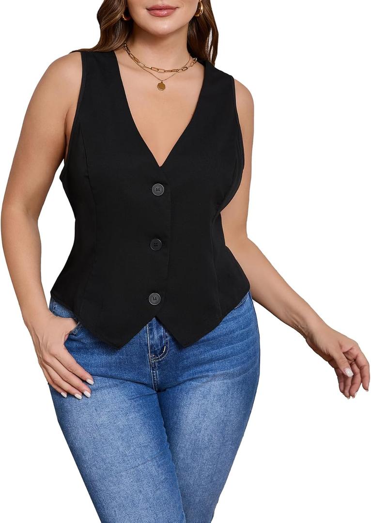 SOLY HUX Women's Plus Size Button Up Suit Vest Blazer V Neck Sleeveless Waistcoat (Black, XXXL)