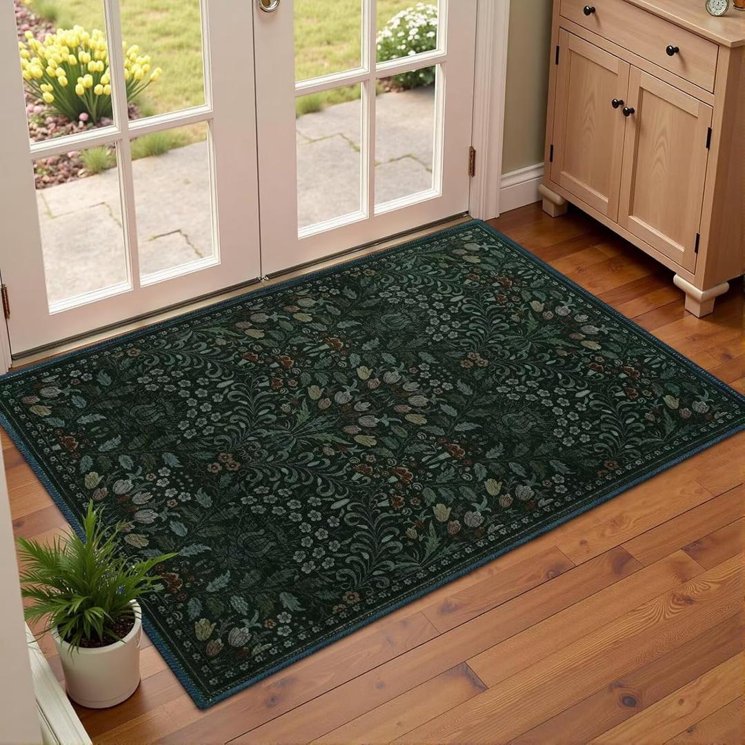 Vasofe Floral 2x3 Entryway Rug, Washable Rugs for Kitchen, Bedroom, Front Door Mat for Indoor Entrance, Non Slip Low Pile Soft Small Mats Throw Carpet for Bathroom, Green