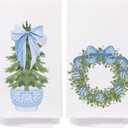 Chinoiserie Christmas Kitchen Towels, Blue Bow Coquette Christmas Tree Dish Towels for Kitchen Bathroom,Light Blue Christmas Hand Towels for Bathroom, Grandmillennial Decor,16x24 Inches Set of 2