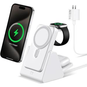 Mag-Safe Charger Wireless Charging Station: 3 in 1 10000mAh Portable Power Bank Compatible for iPhone 16/15/14/13/12 Series and Apple Watch - Magnetic Charging Stand White