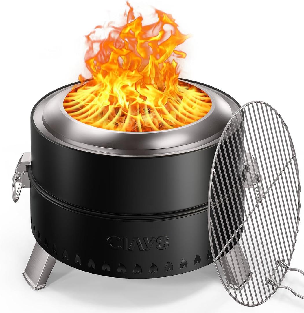 Ciays Smokeless Firepit, 19 Inch Fire Pit for Camping with Patented Technology, Portable Fire Pit for Outside with Steel Grill Rack, Fire Poker, and Bag, Easy Setup and Storage, Wood Burning (Black)