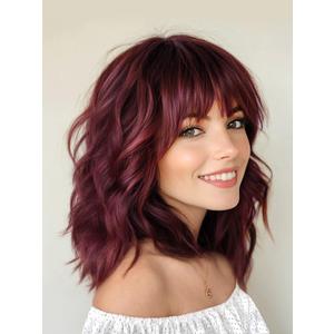 Short Burgundy Wig with Bangs Bob Curly Wavy Hair Wigs for Women Burgundy Shoulder Length Style Wig Synthetic Heat Resistant Wig for Everyday Hairstyle 16 Inch