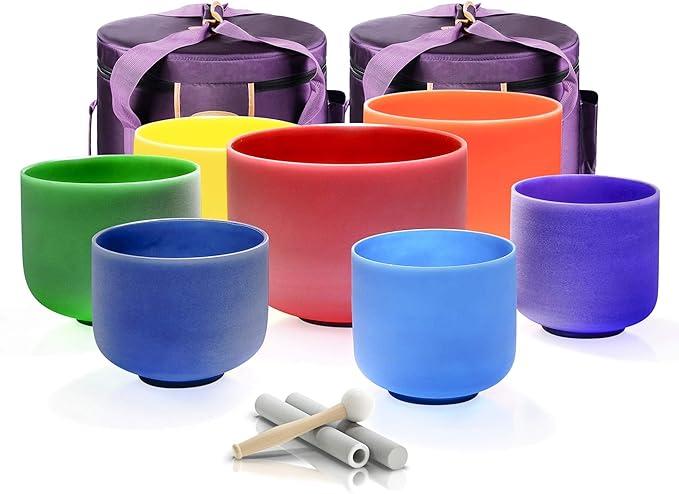 TOPFUND 440Hz Chakra Set of 7 Color Crystal Singing Bowls 7-12 inch with Heavy Duty Carrying Cases and Mallets