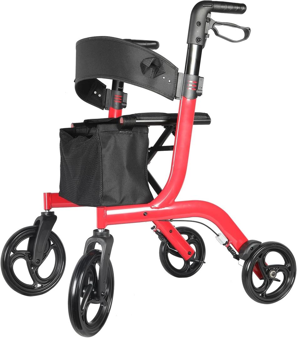 Foldable Rollator Walker for Seniors & Adults with Seat, Support Up to 300 lbs, 19 lbs Lightweight, Adjustable Arms, 10-Inch Big Wheels for All Terrain, R1 (Urban Red)
