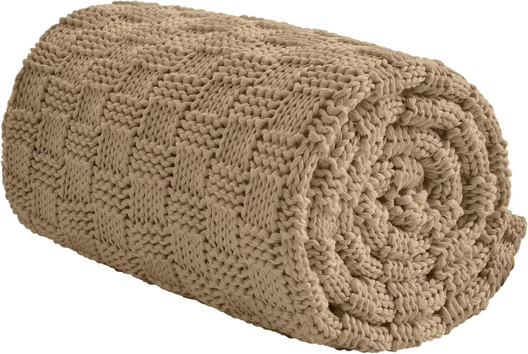 Knitted Weighted Blanket for Adult, No Beads Heavy Blanket 60 x 80'' 17lbs, Breathable Chunky Knit Blanket, Cooling Weighted Blanket for Hot Sleepers, Christmas Home Decor (Camel)