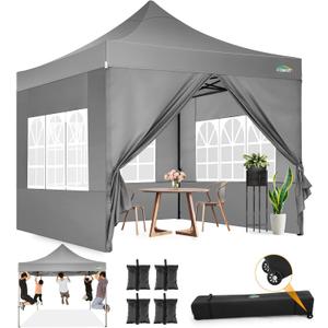 COBIZI 10x10 Pop Up Canopy with Sidewalls Heavy Duty Party Tent with Removable Awning Easy Up Outdoor Canopy Wedding, All Season Windproof&Waterproof with Roller Bag UPF 50+, Gray